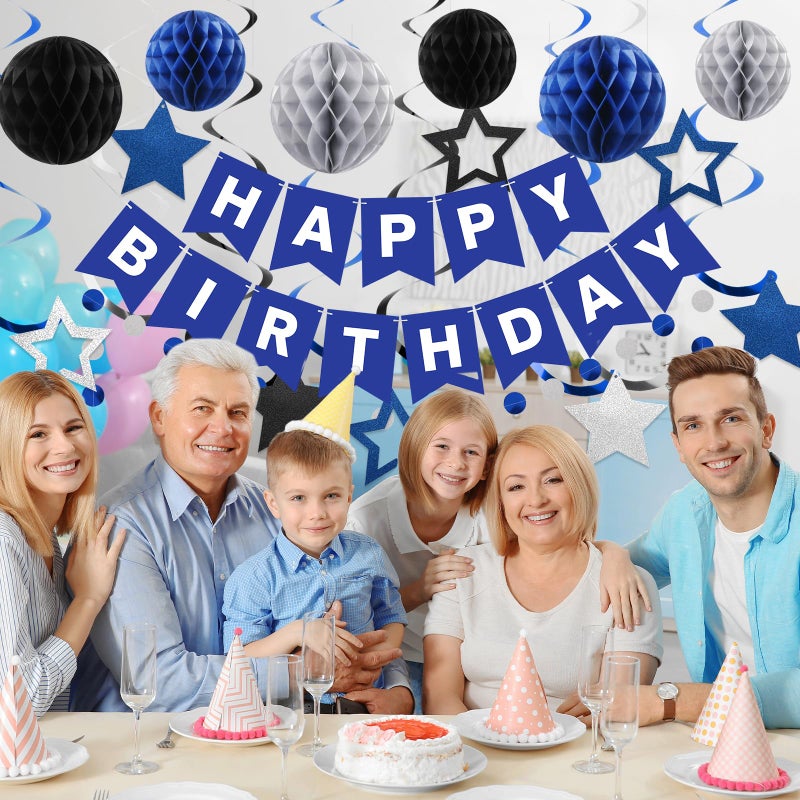 meowtastic Birthday Decorations  Happy Birthday Banner with Honeycomb Balls  Star Hanging Swirl Streamer  Circle Dot Garland  Happy Birthday Party Decorations for Women Men Boys Girls (Blue & Silver) - Image 3
